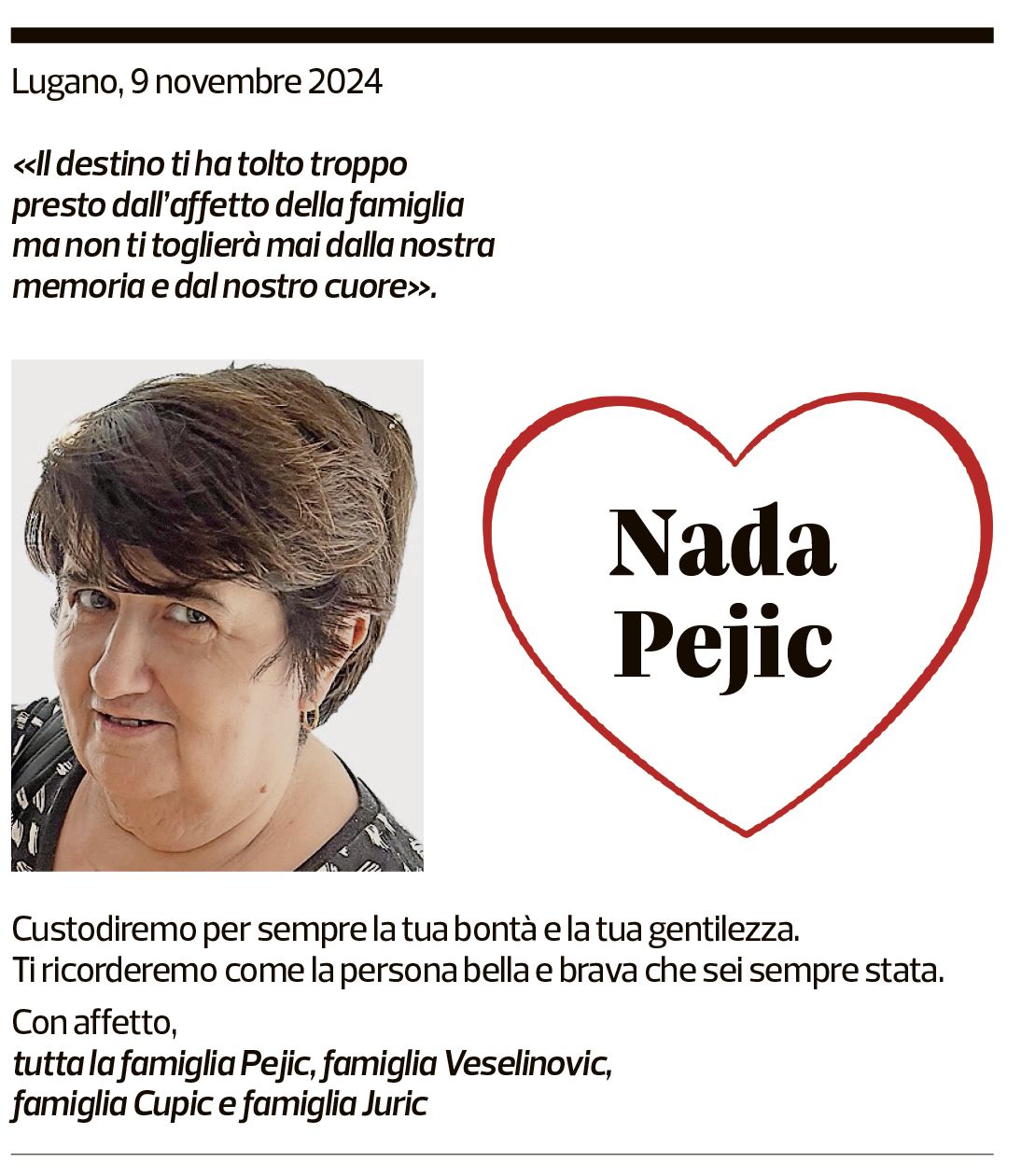 Annuncio funebre Nada Pejic