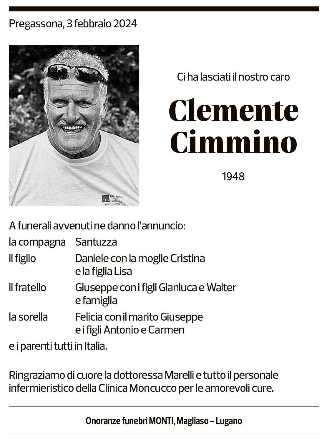 Annuncio funebre Clemente Cimmino