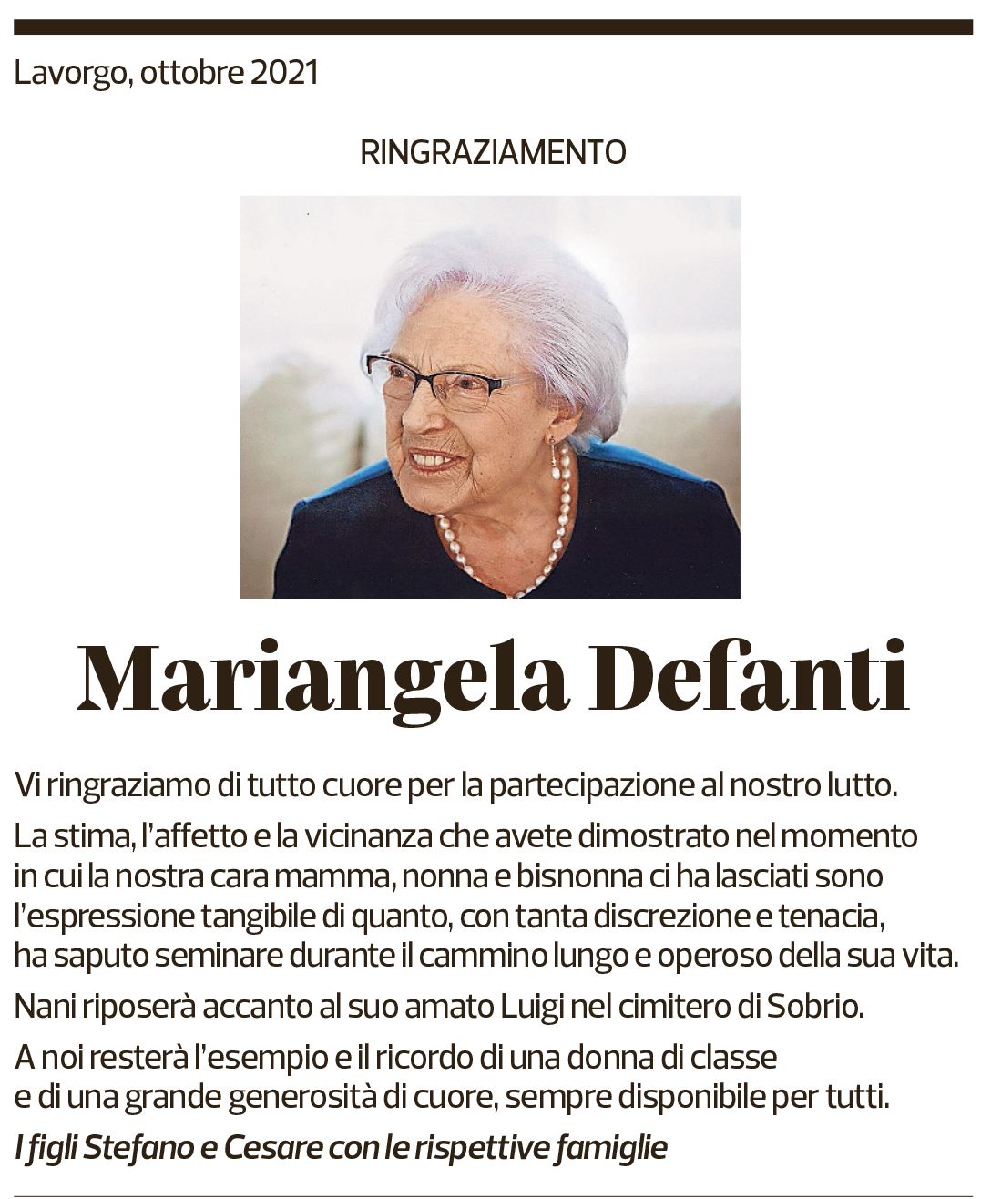 Annuncio funebre Mariangela Defanti