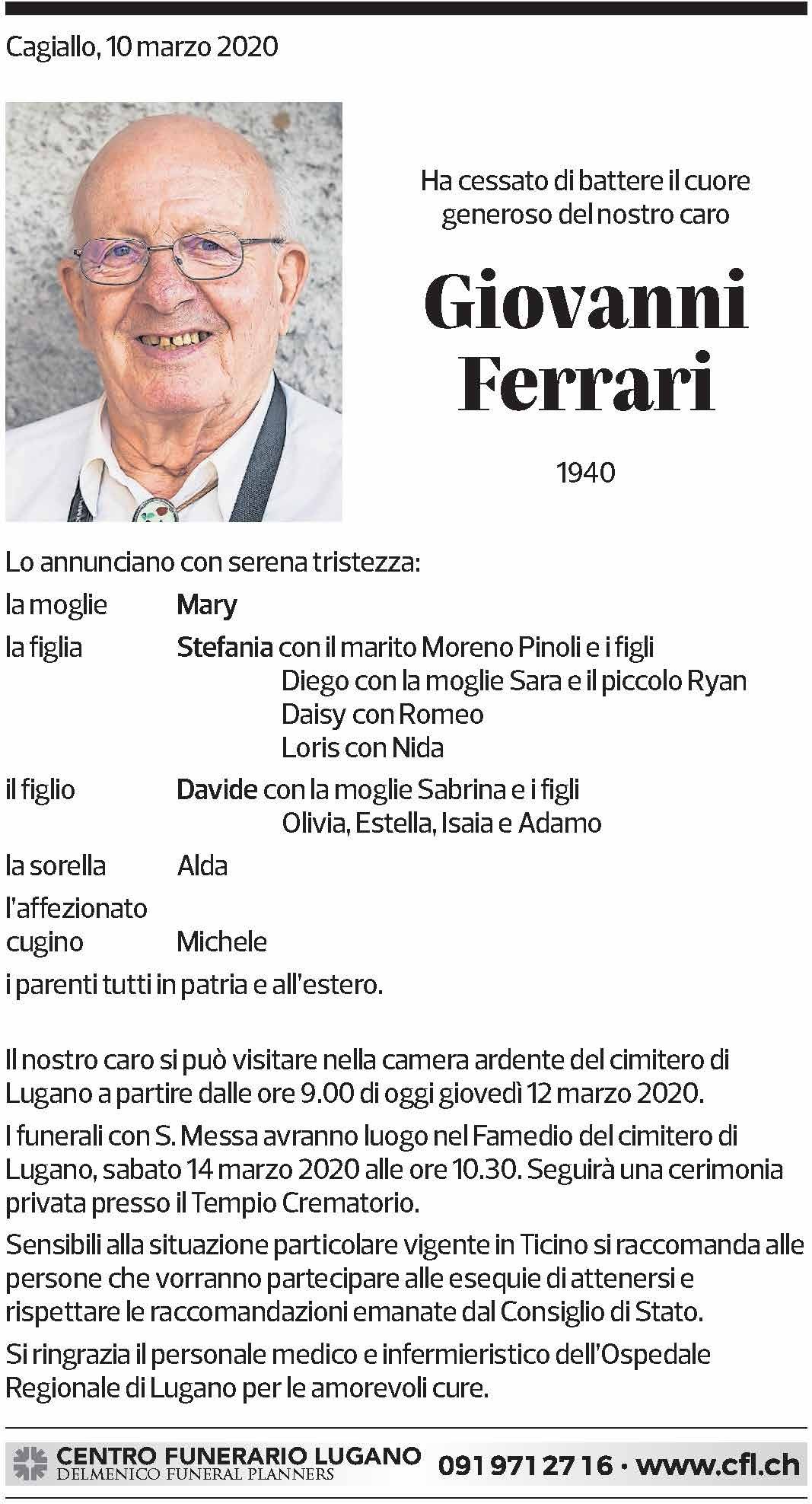Annuncio funebre Giovanni Ferrari