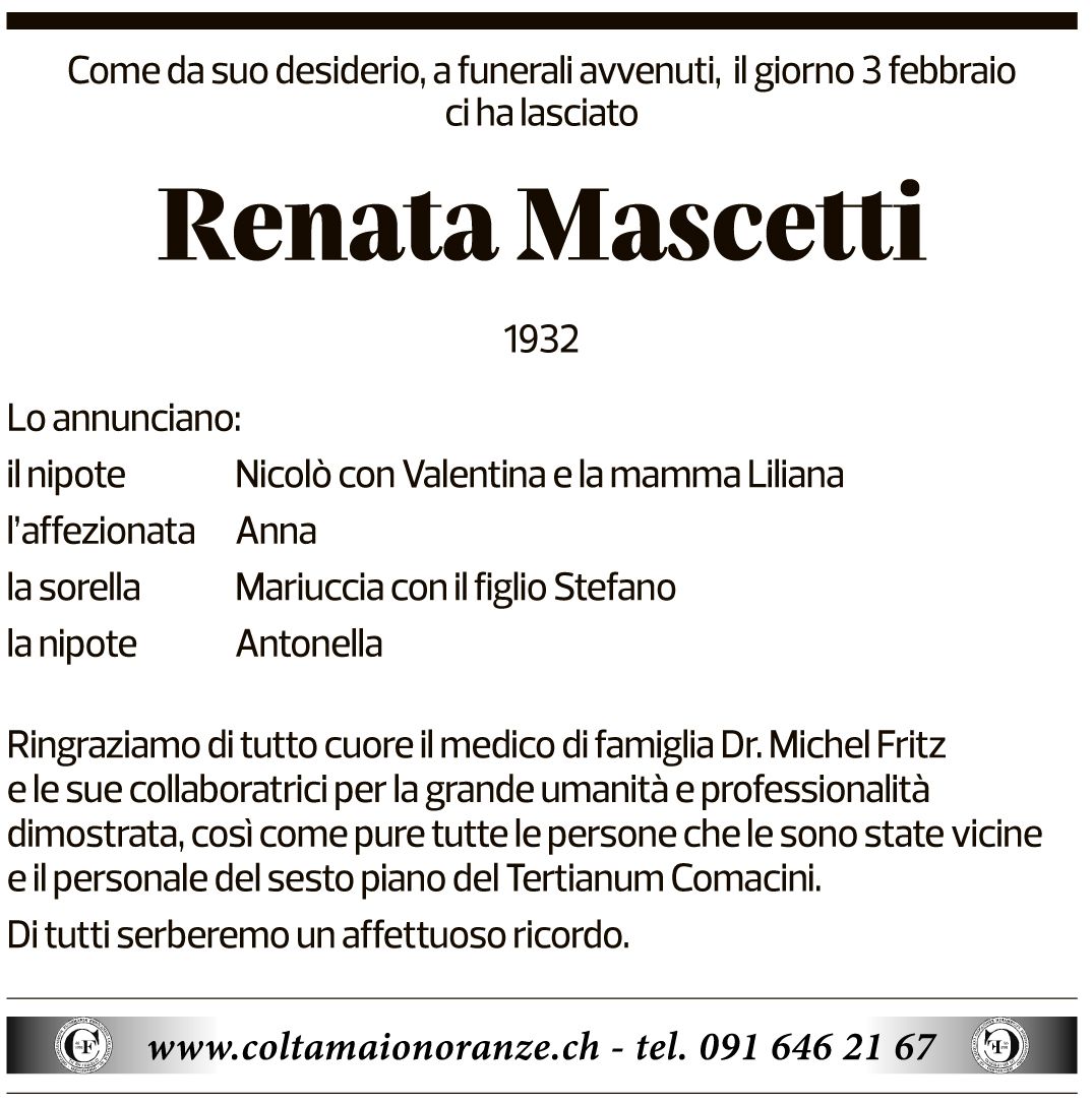 Annuncio funebre Renata Mascetti