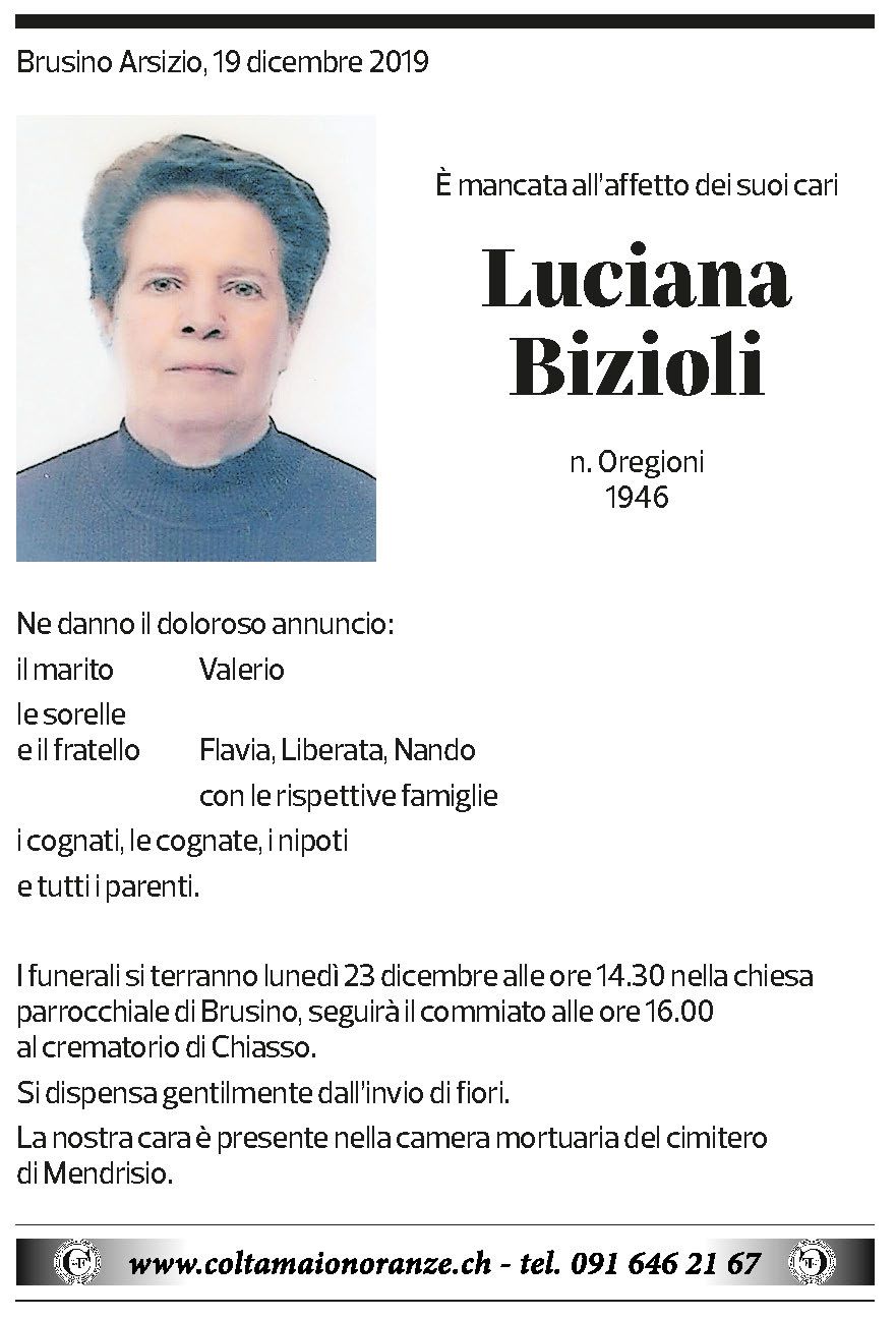 Annuncio funebre Luciana Bizioli