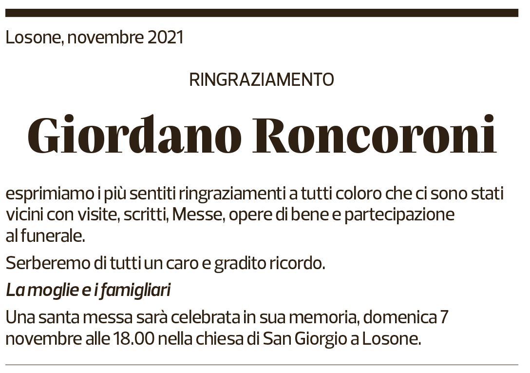 Annuncio funebre Giordano Roncoroni