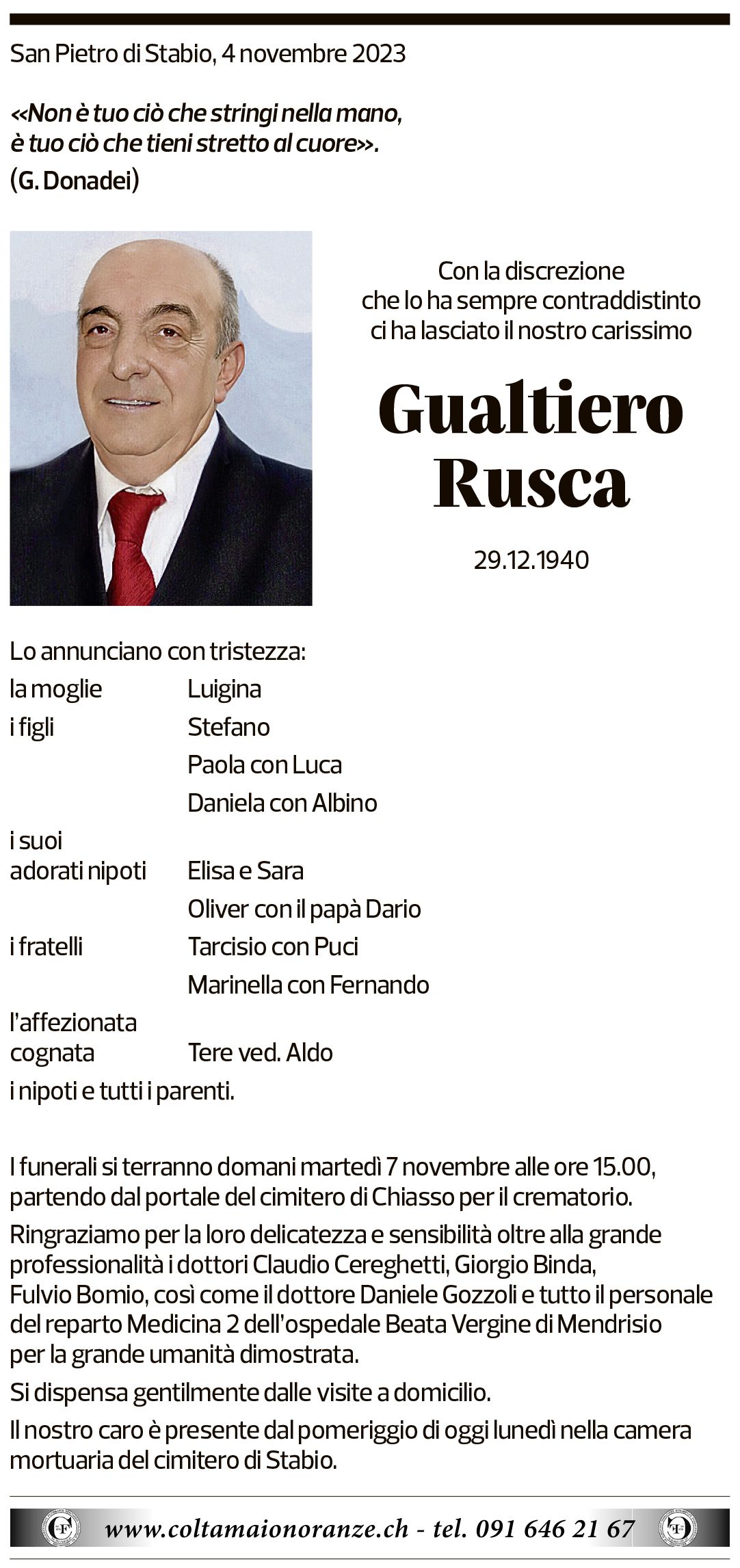 Annuncio funebre Gualtiero Rusca