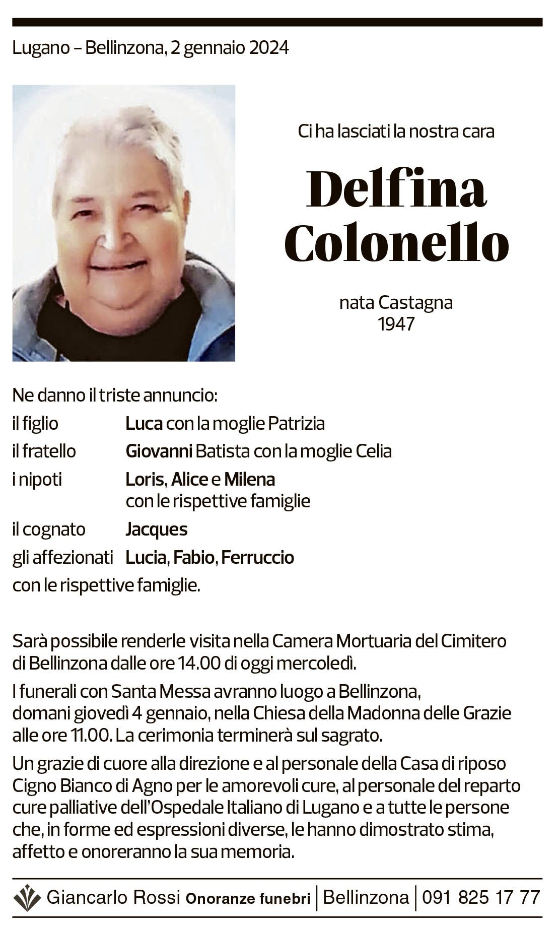 Annuncio funebre Delfina Colonello