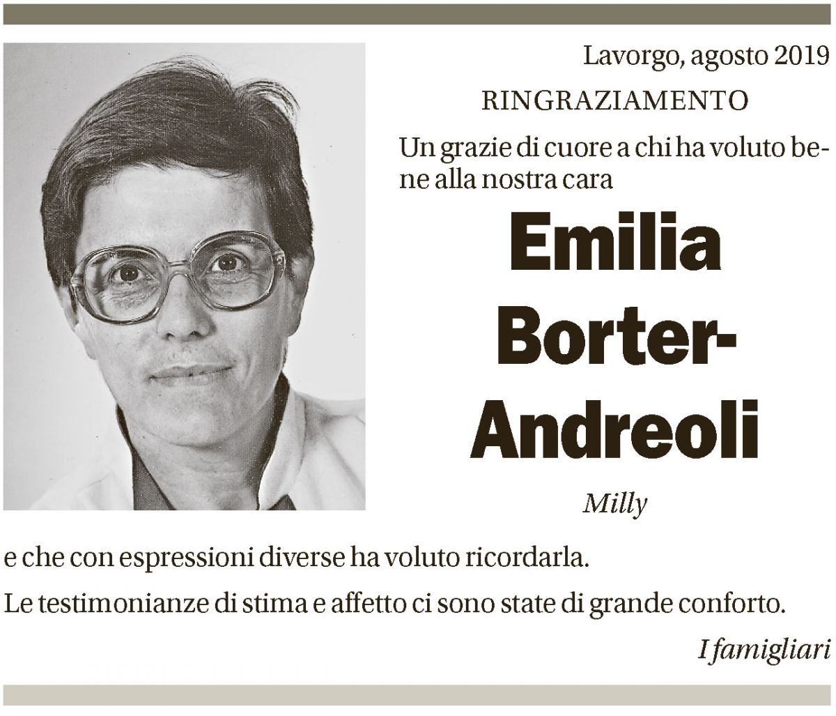 Annuncio funebre Emilia Borter-andreoli