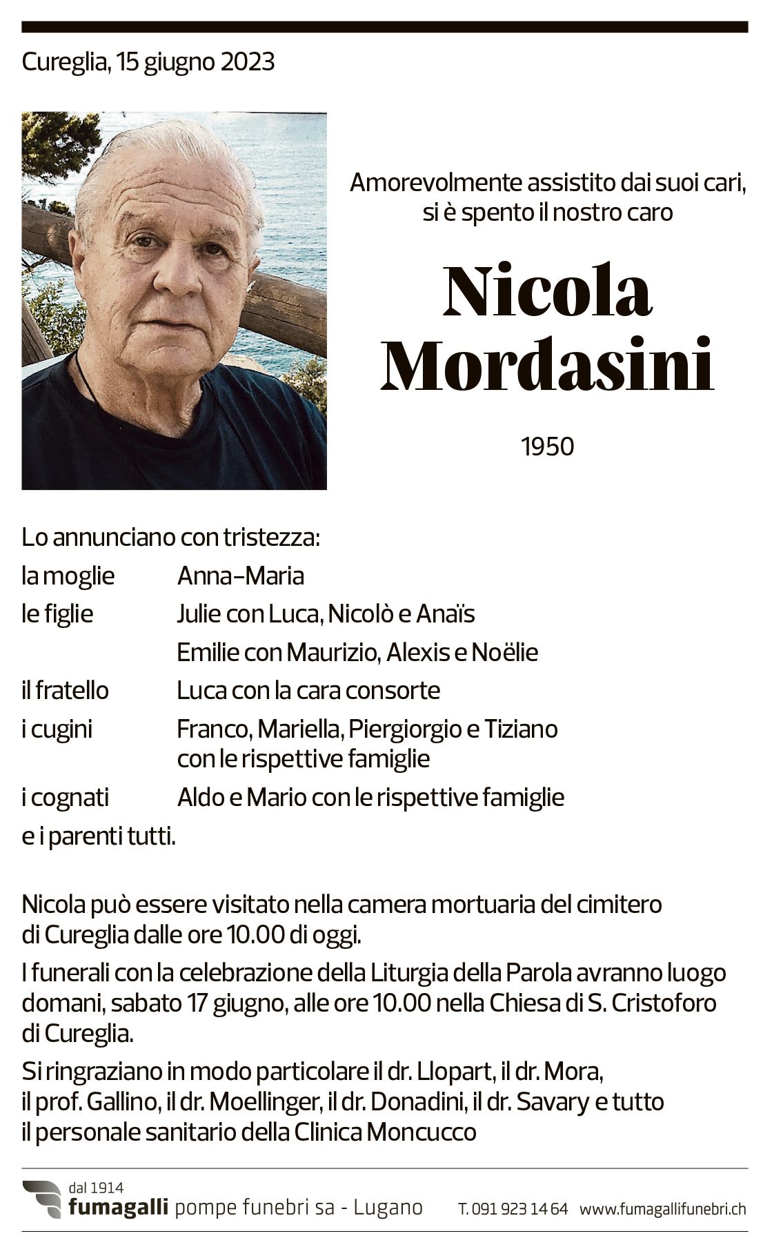 Annuncio funebre Nicola Mordasini