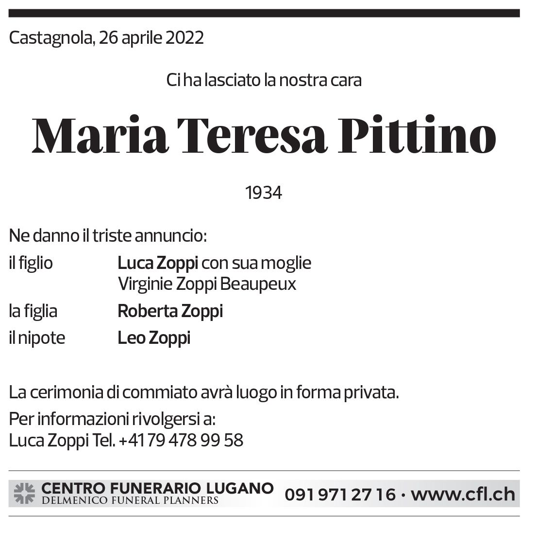 Annuncio funebre Maria Teresa Pittino