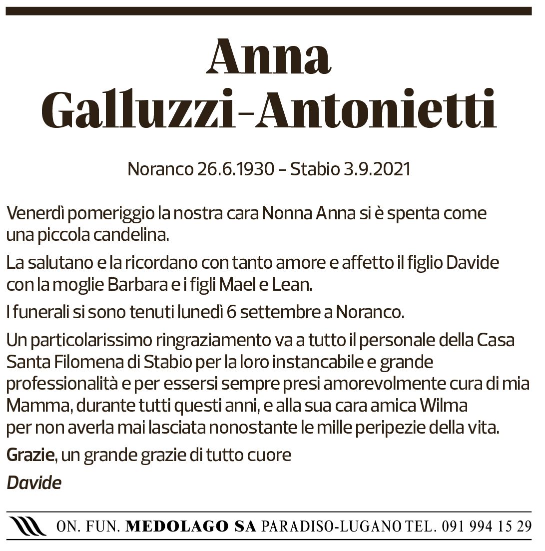 Annuncio funebre Anna Galluzzi-antonietti