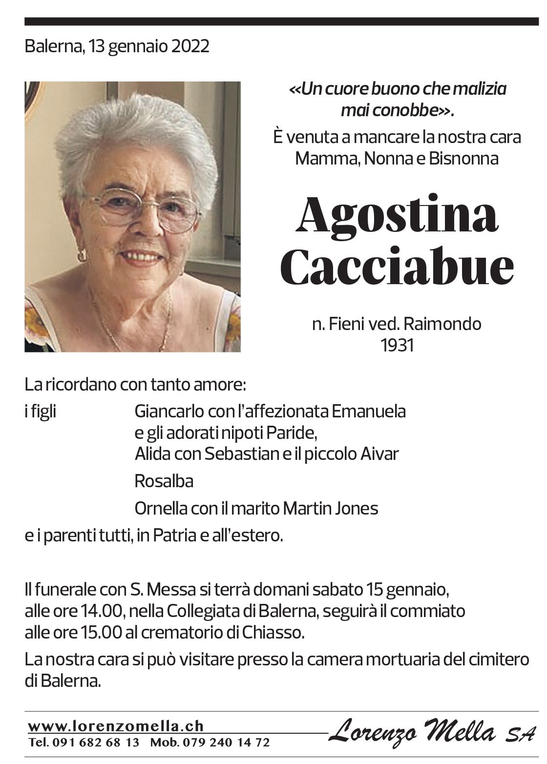 Annuncio funebre Agostina Cacciabue