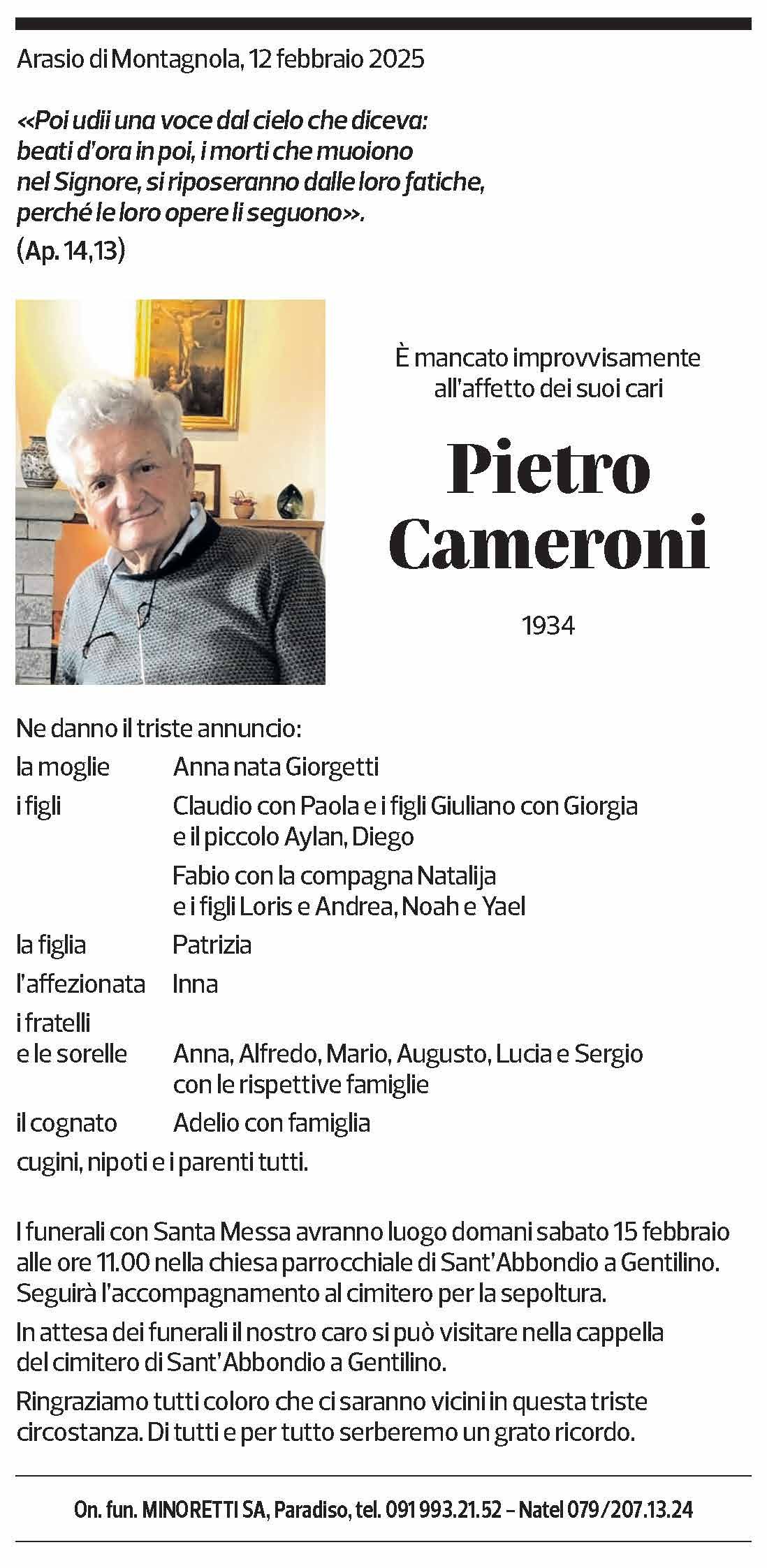 Annuncio funebre Pietro Cameroni