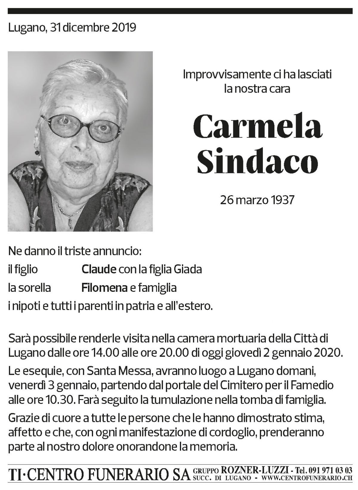 Annuncio funebre Carmela Sindaco