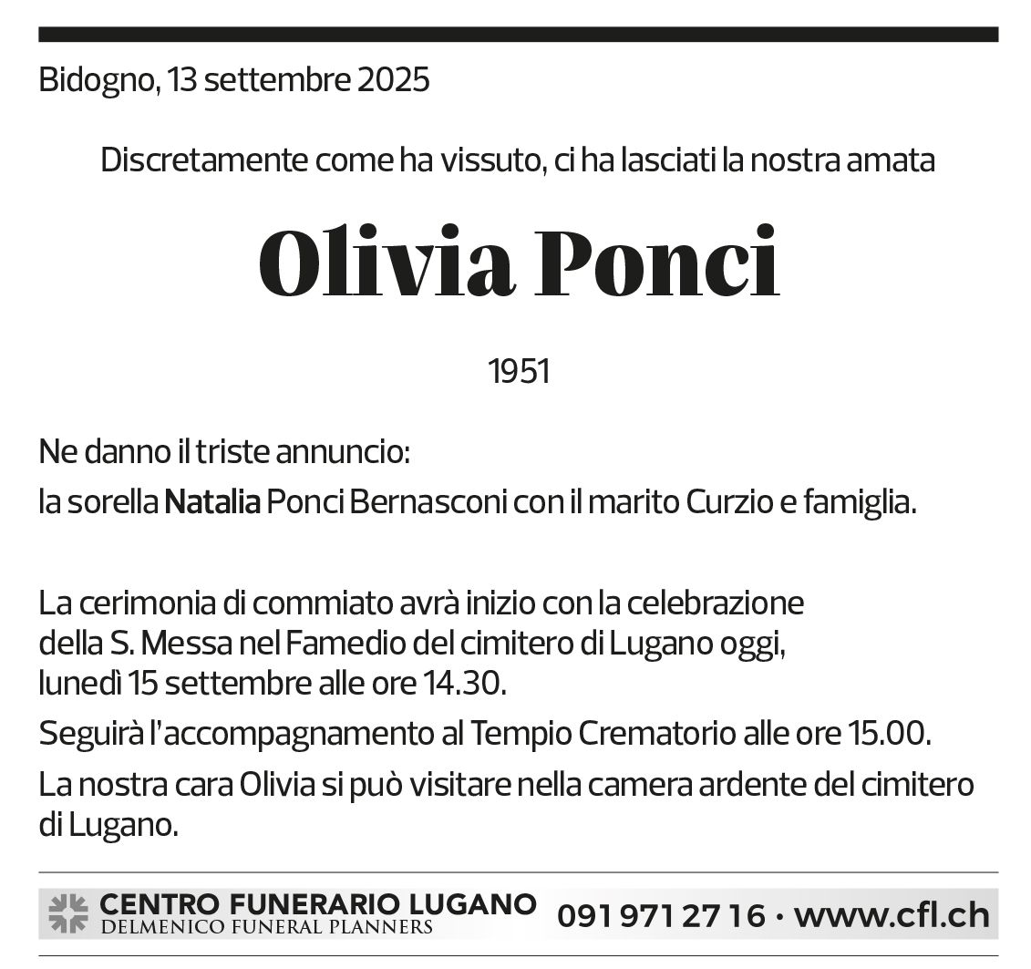 Annuncio funebre Olivia Ponci