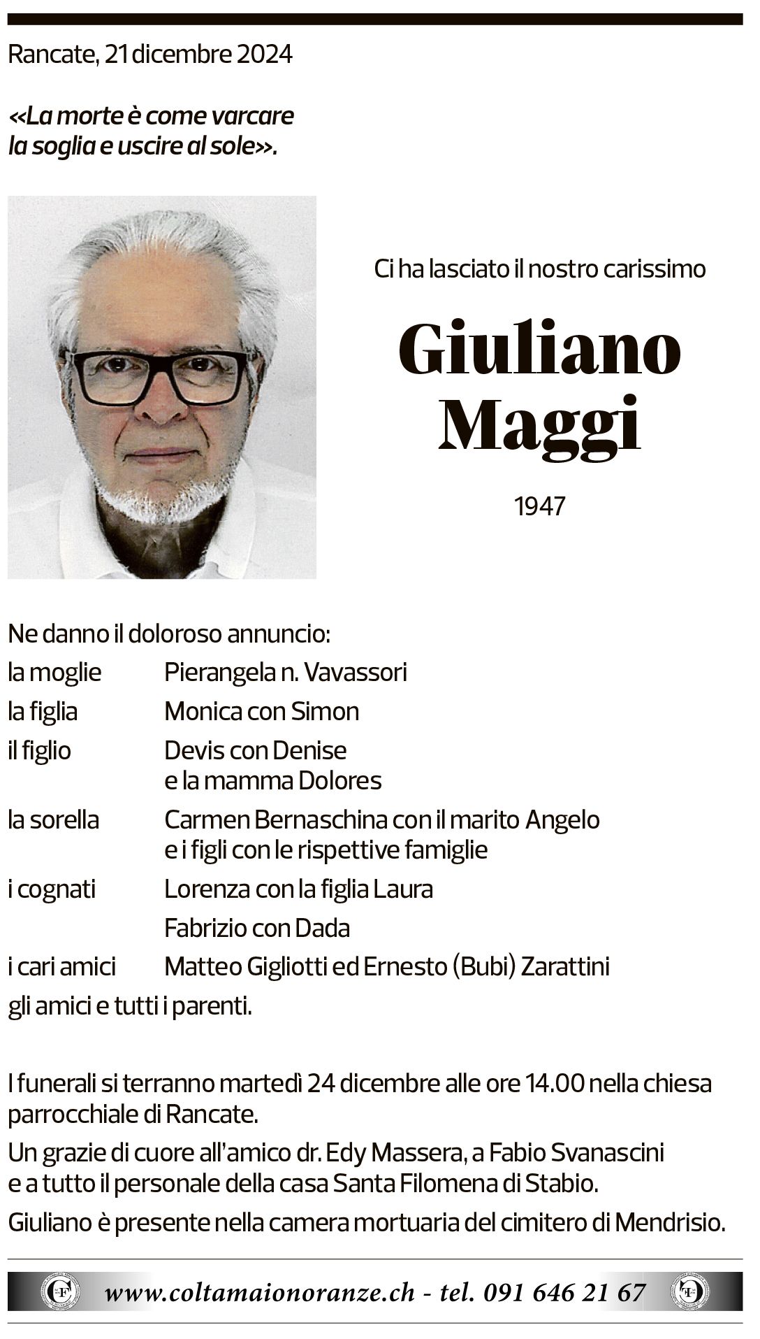 Annuncio funebre Giuliano Maggi