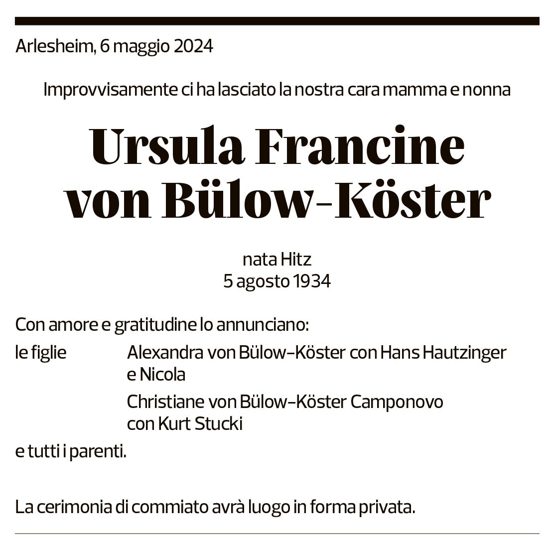 Annuncio funebre Ursula Francine Von Bülow-köster