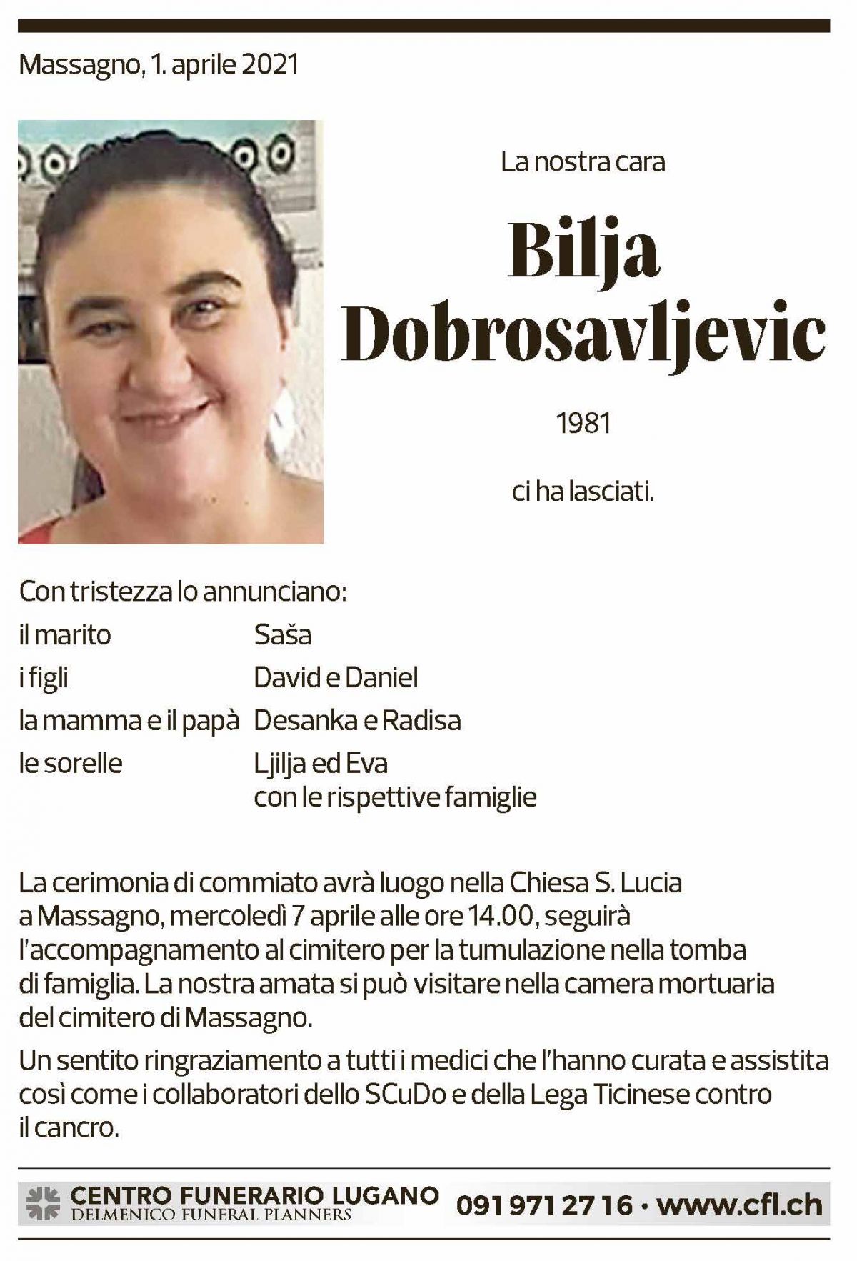 Annuncio funebre Bilja Dobrosavljevic