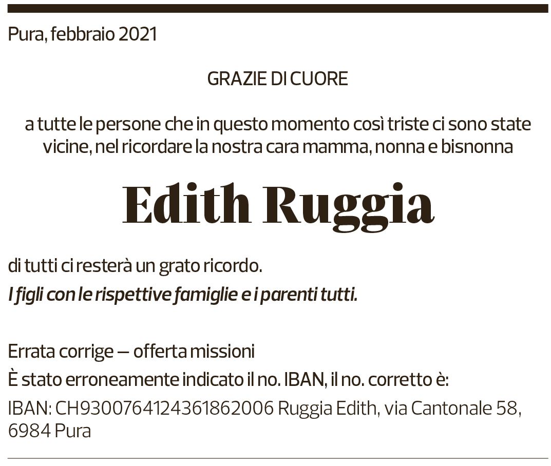 Annuncio funebre Edith Ruggia