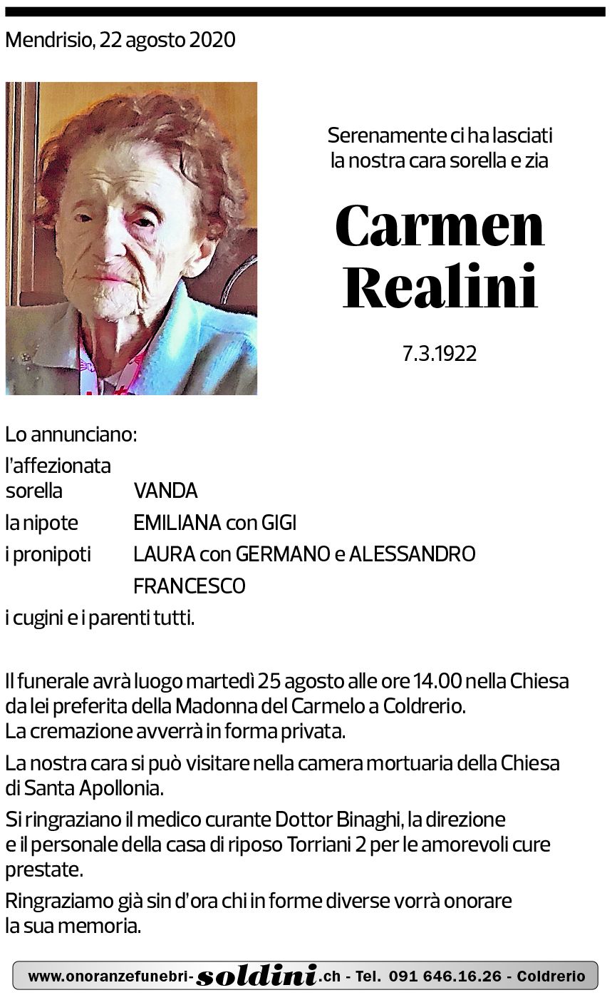 Annuncio funebre Carmen Realini