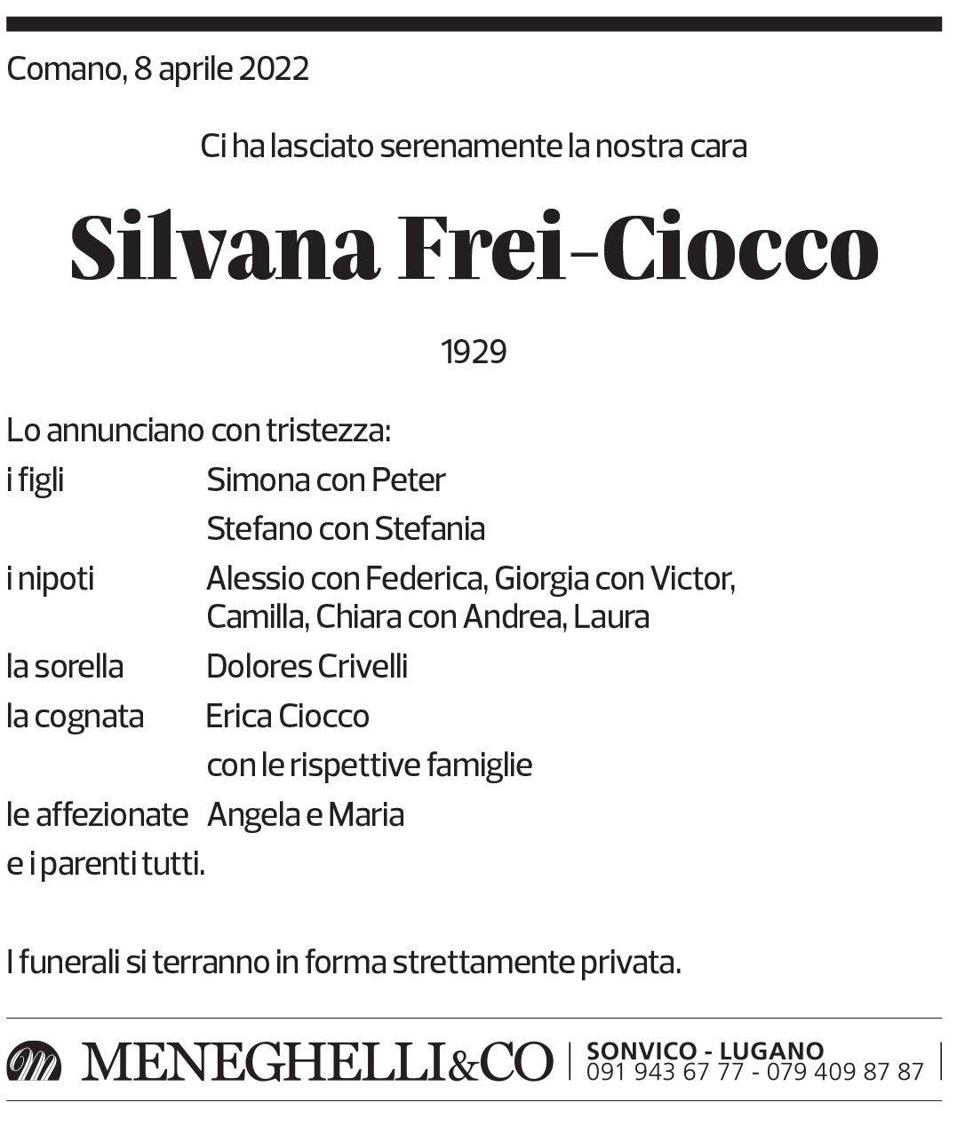 Annuncio funebre Silvana Frei-ciocco