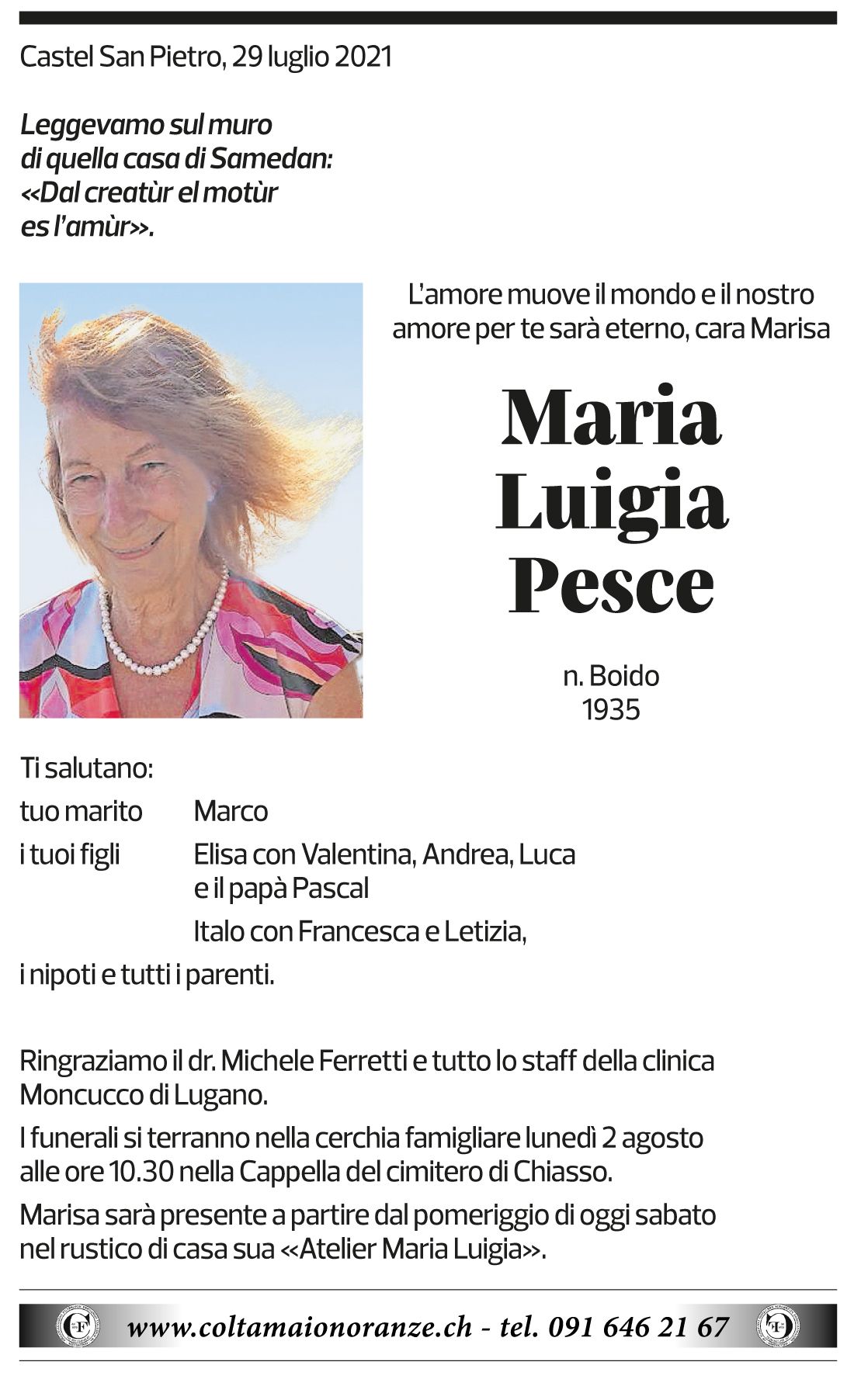 Annuncio funebre Maria Luigia Pesce