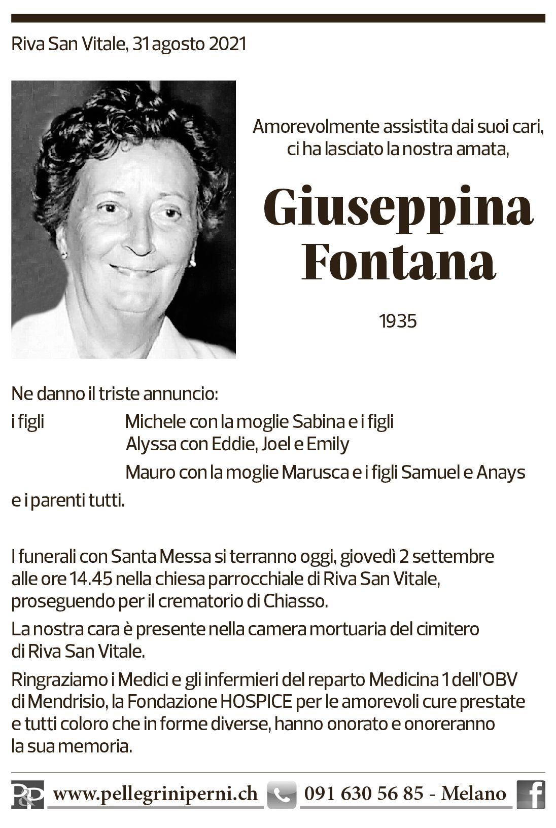 Annuncio funebre Giuseppina Fontana