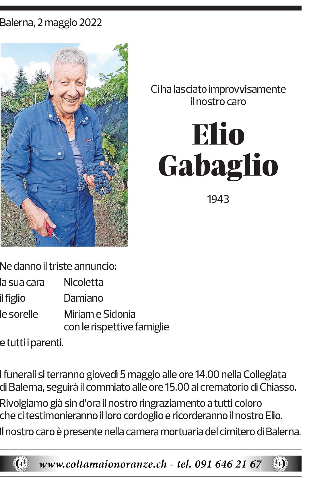 Annuncio funebre Elio Gabaglio