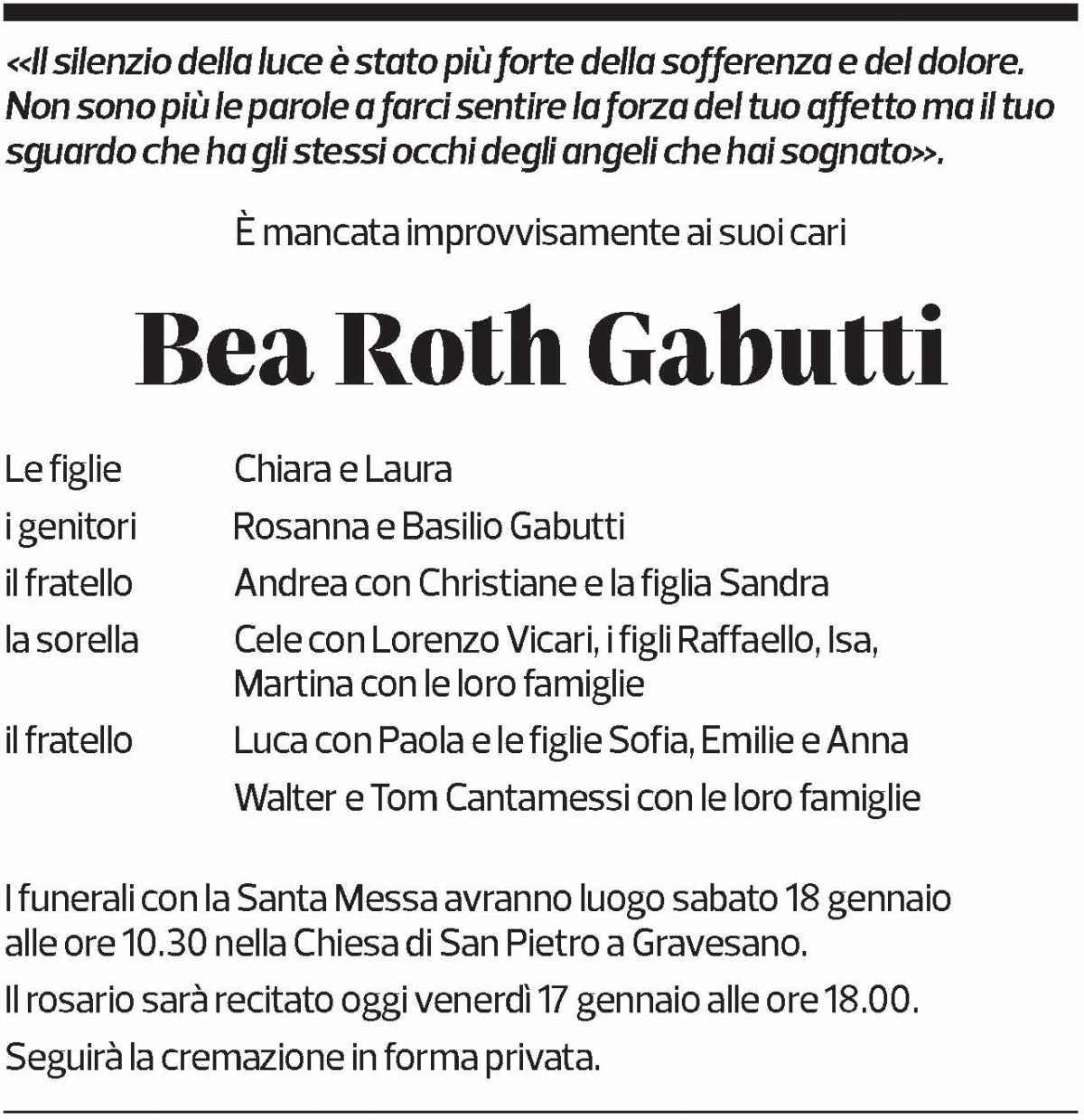 Annuncio funebre Bea Roth Gabutti