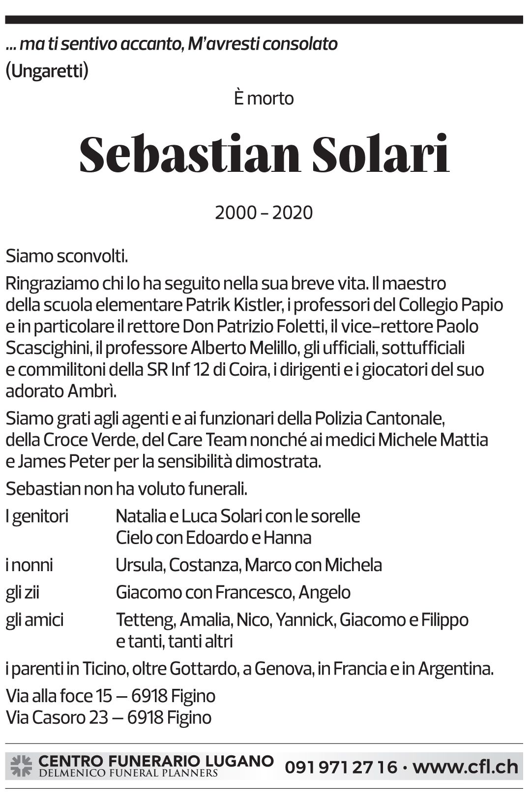 Annuncio funebre Sebastian Solari