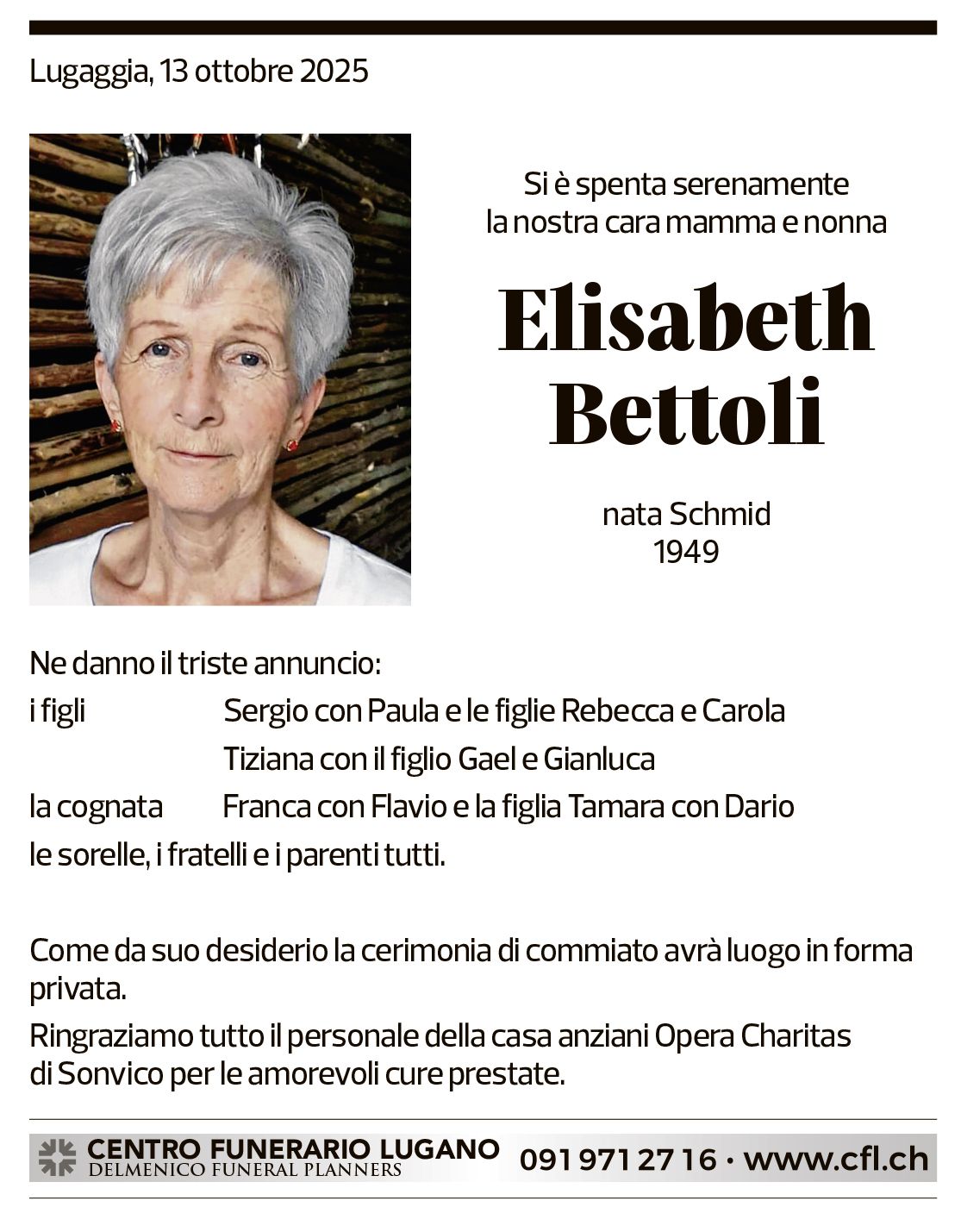 Annuncio funebre Elisabeth Bettoli