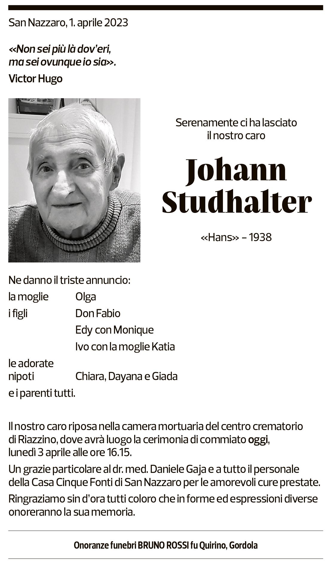 Annuncio funebre Johann Studhalter