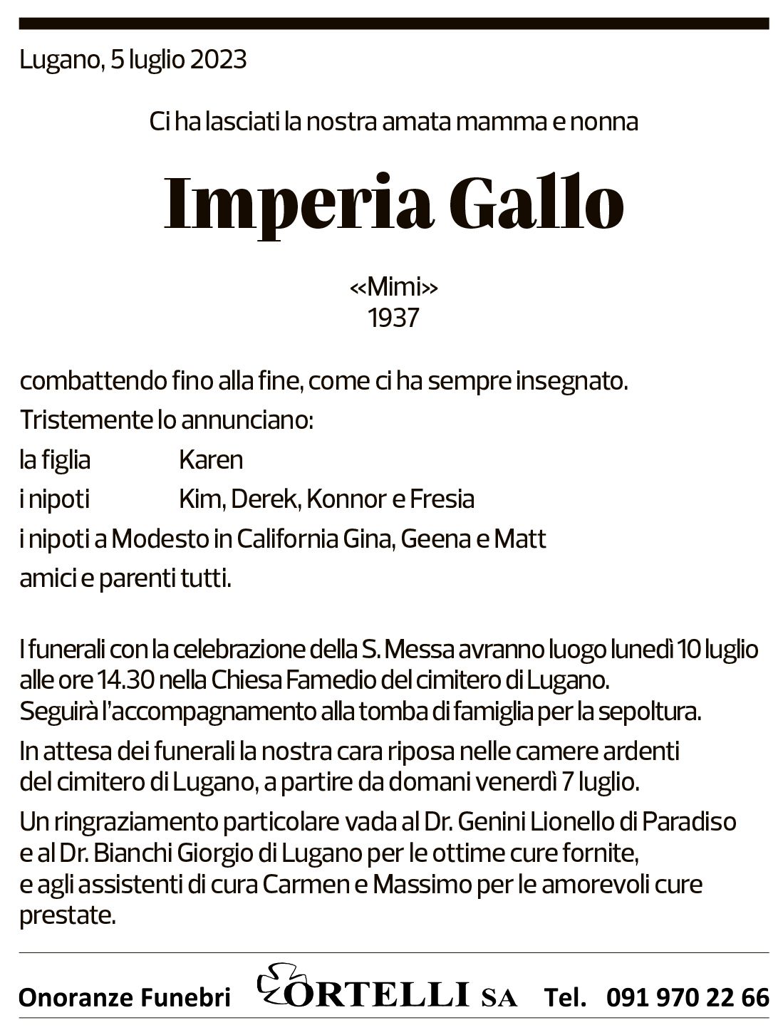 Annuncio funebre Imperia Gallo