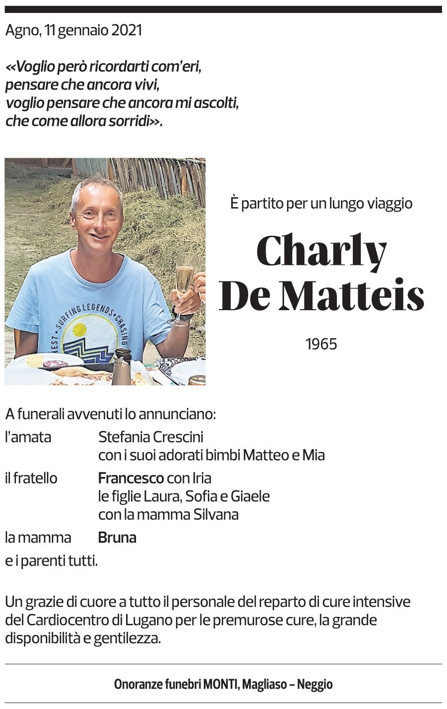 Annuncio funebre Charly De Matteis