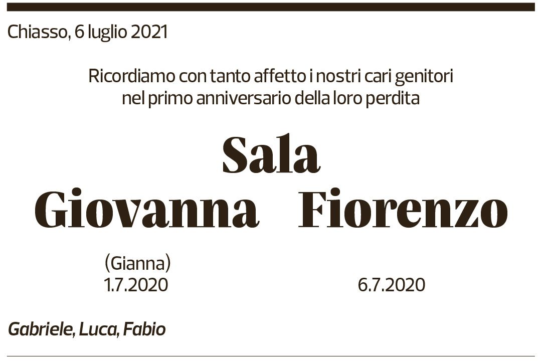 Annuncio funebre Giovanna Sala Fiorenzo Sala