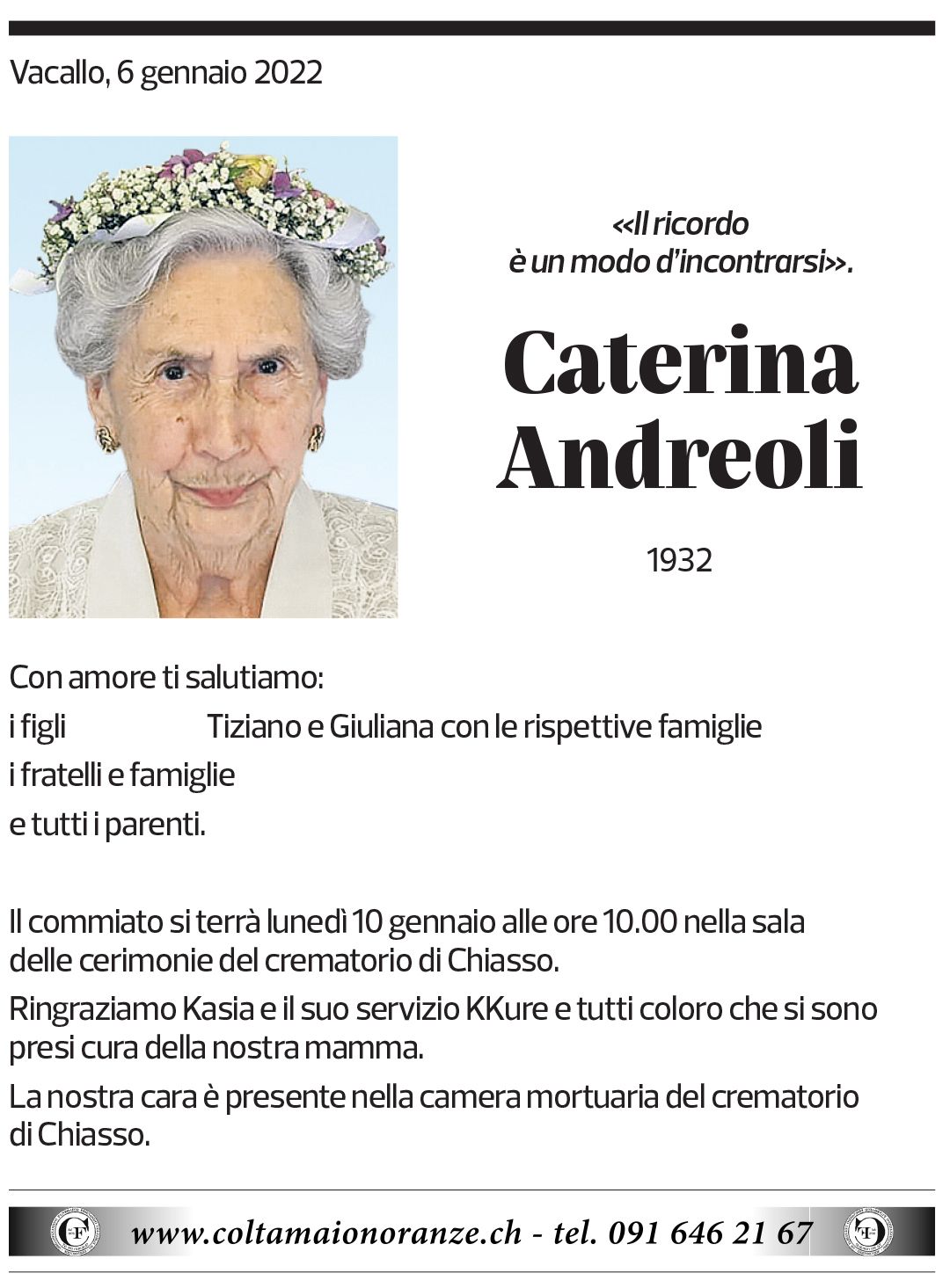 Annuncio funebre Caterina Andreoli