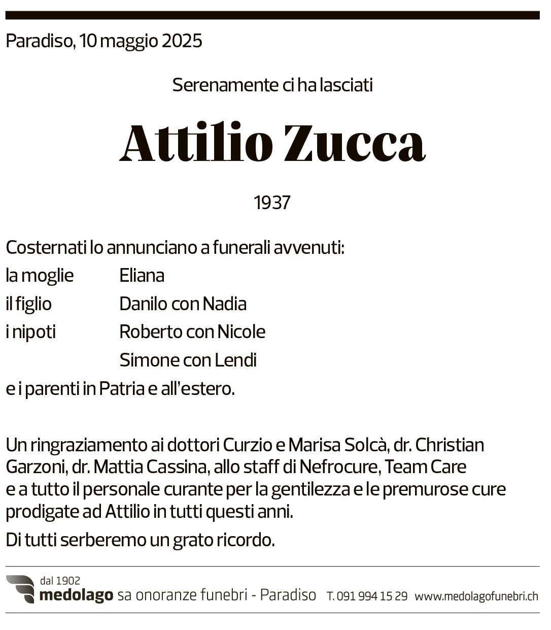 Annuncio funebre Attilio Zucca