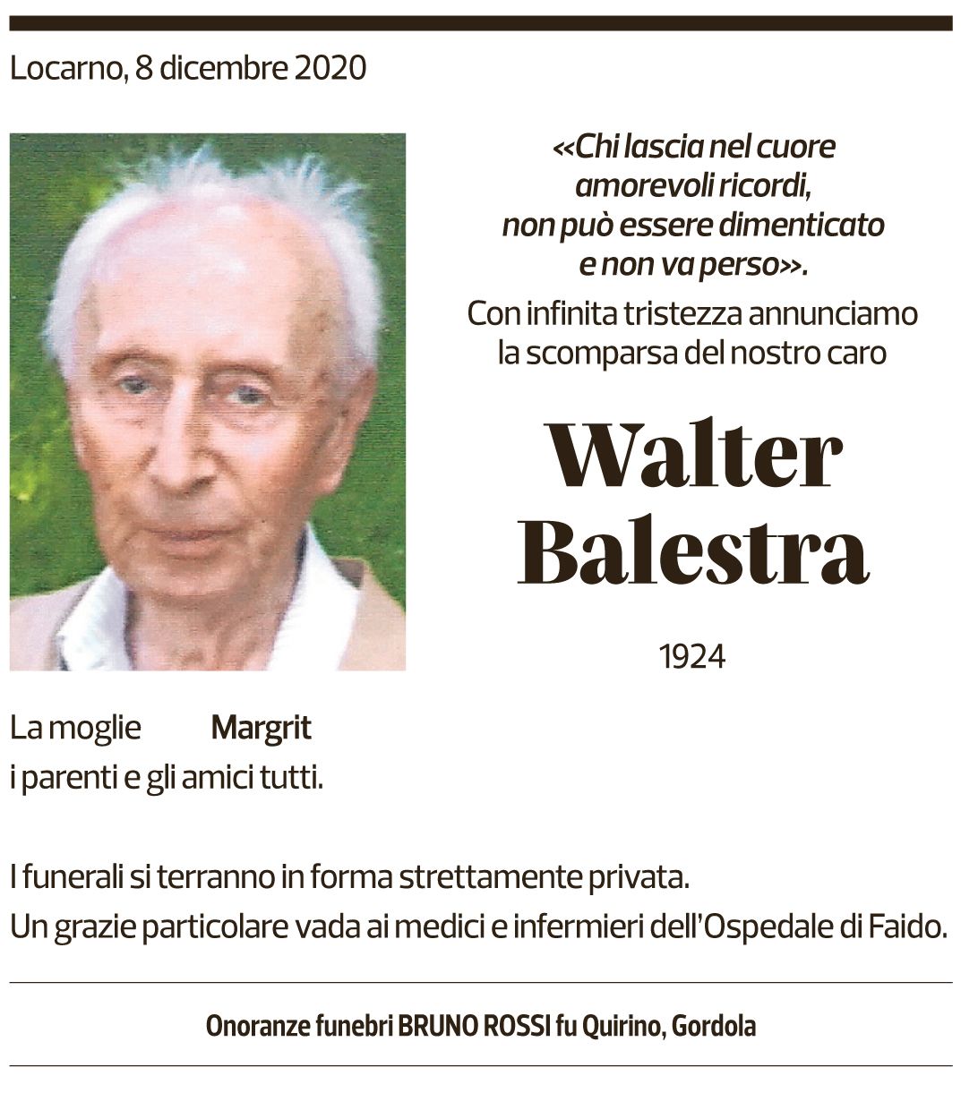 Annuncio funebre Walter Balestra