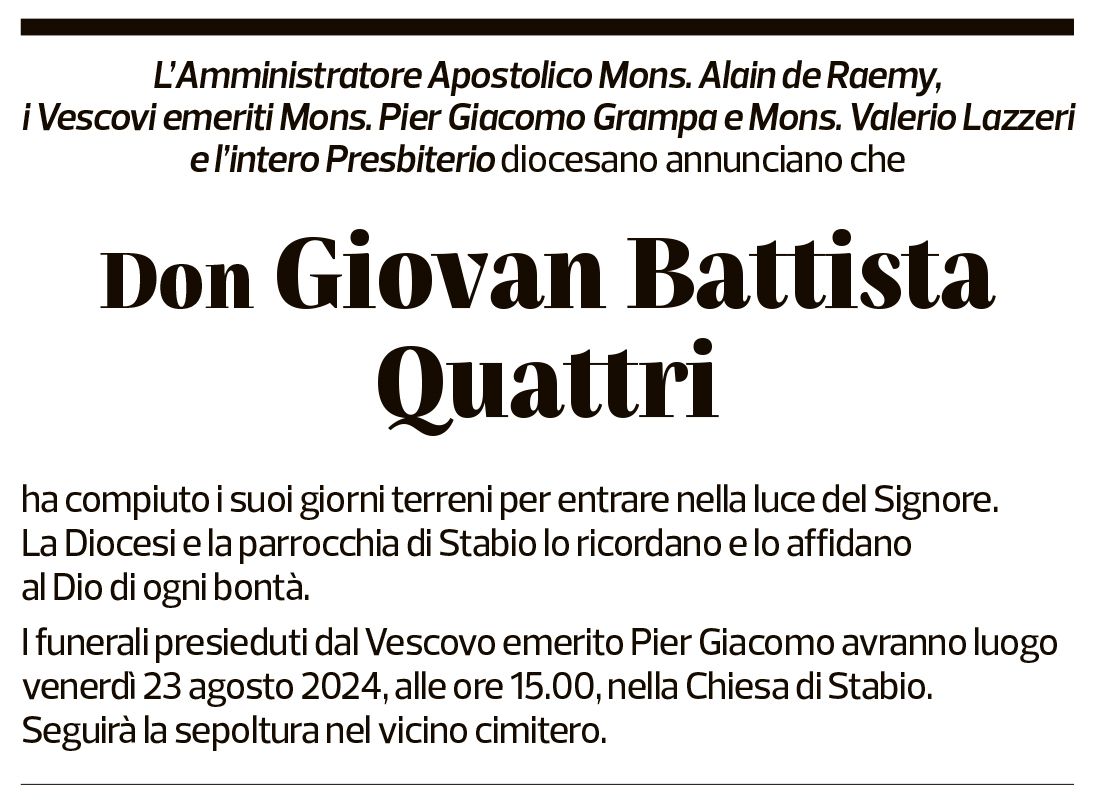 Annuncio funebre Giovan Battista Quattri