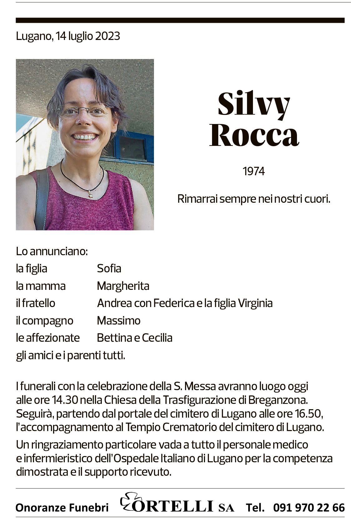 Annuncio funebre Silvy Rocca