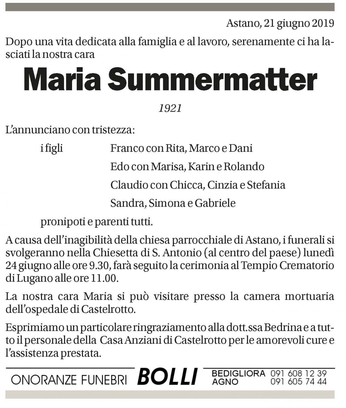 Annuncio funebre Maria Summermatter