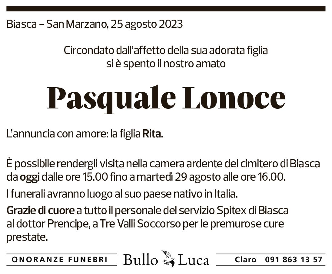 Annuncio funebre Pasquale Lonoce