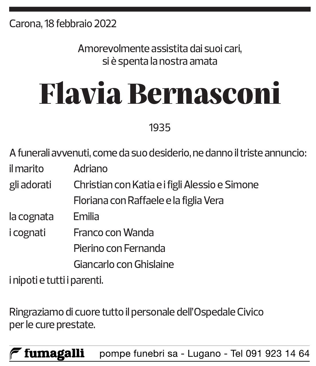 Annuncio funebre Flavia Bernasconi