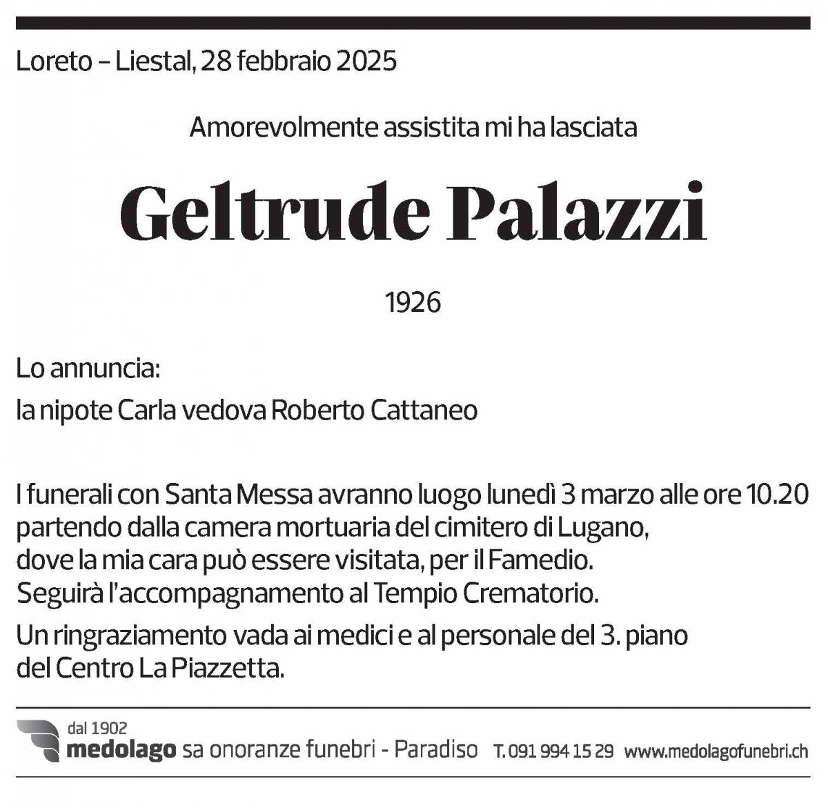 Annuncio funebre Geltrude Palazzi