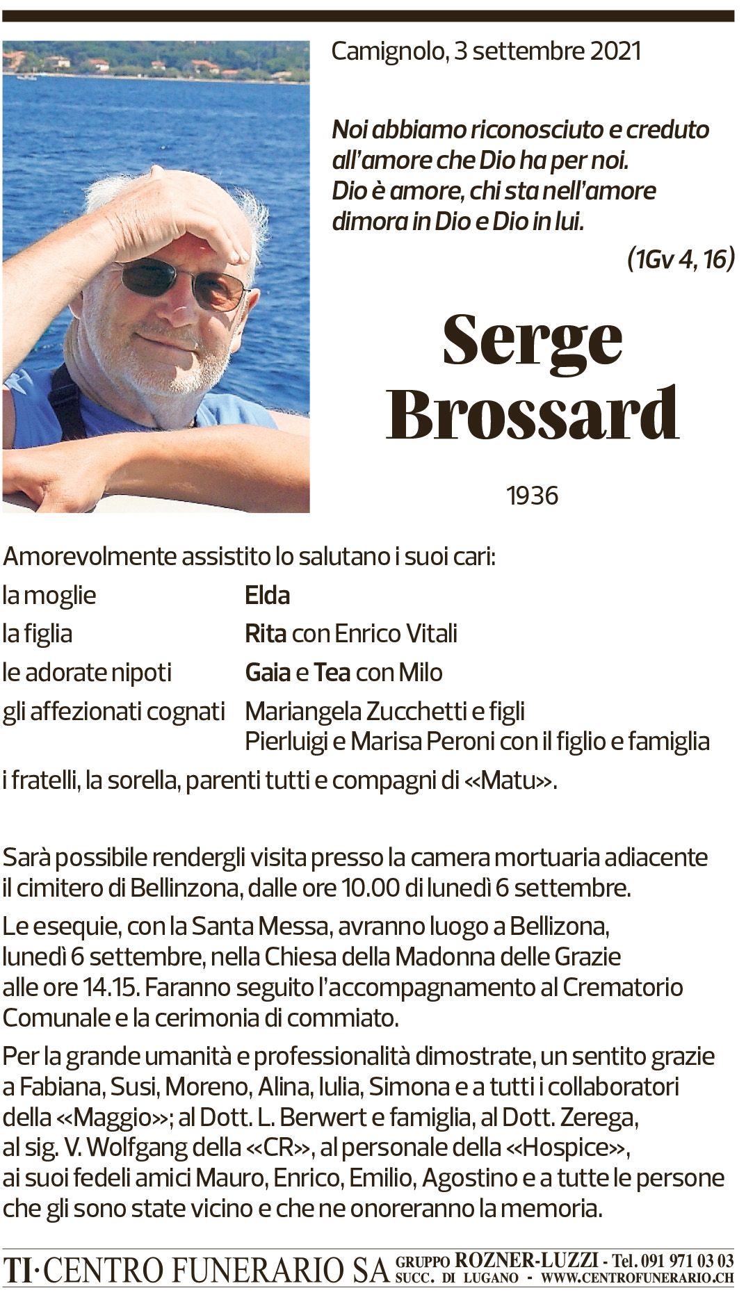 Annuncio funebre Serge Brossard