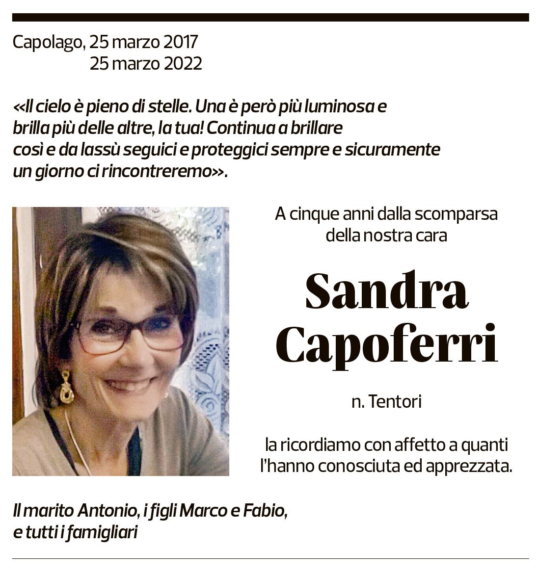 Annuncio funebre Sandra Capoferri