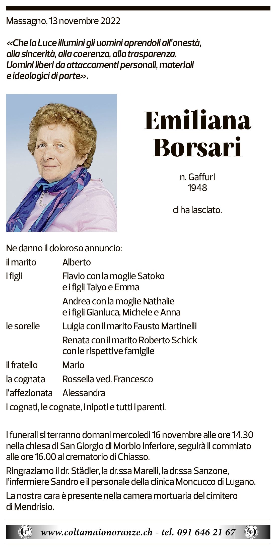 Annuncio funebre Emiliana Borsari