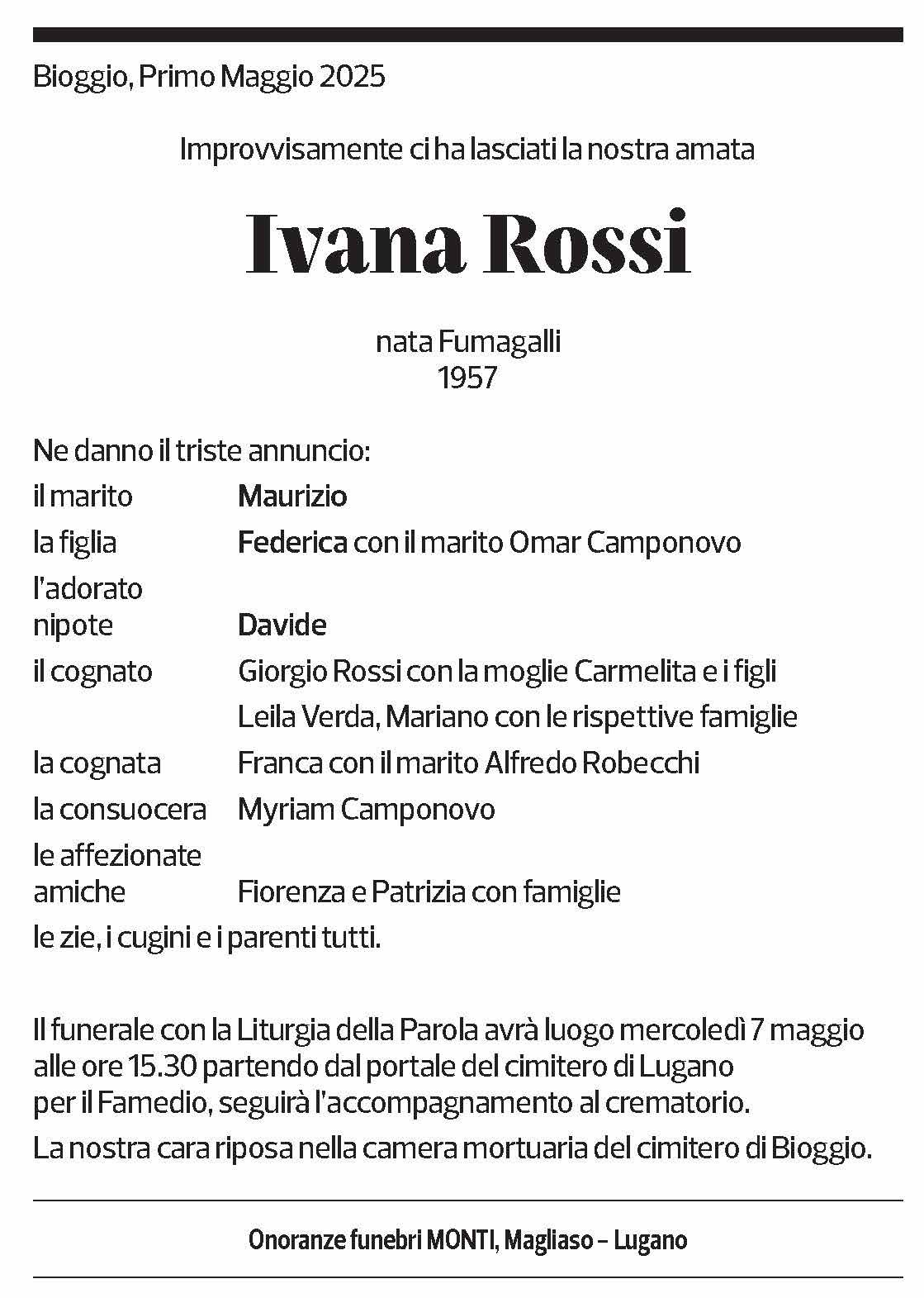 Annuncio funebre Ivana Rossi