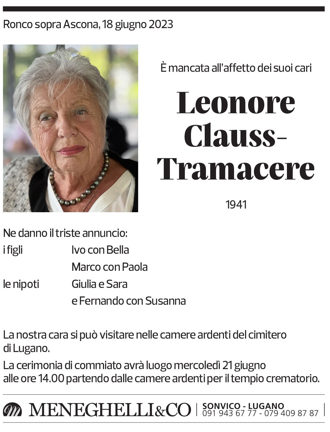 Annuncio funebre Leonore Clauss-tramacere