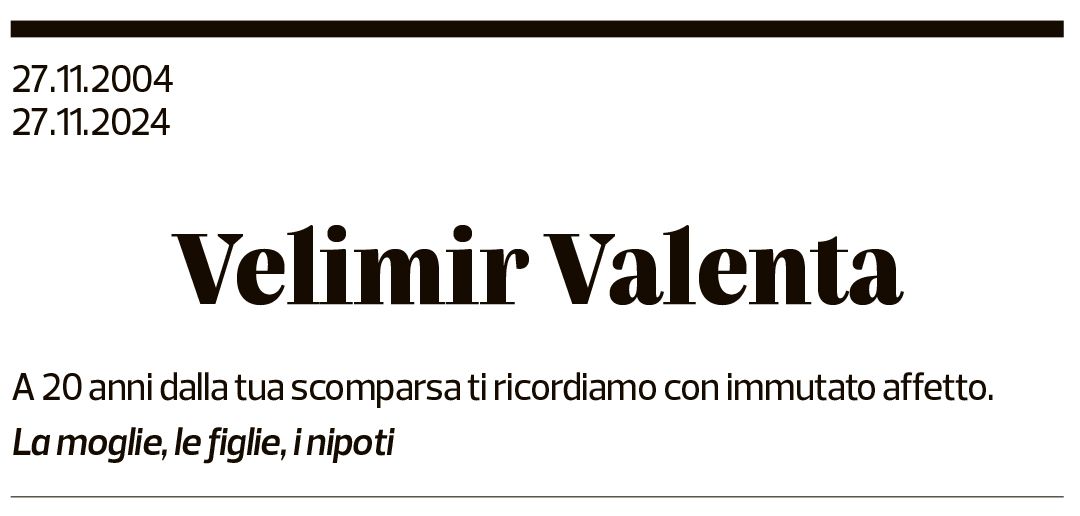 Annuncio funebre Velimir Valenta