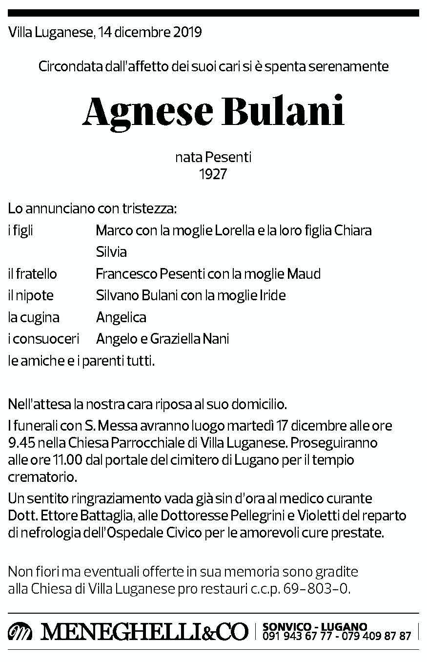 Annuncio funebre Agnese Bulani