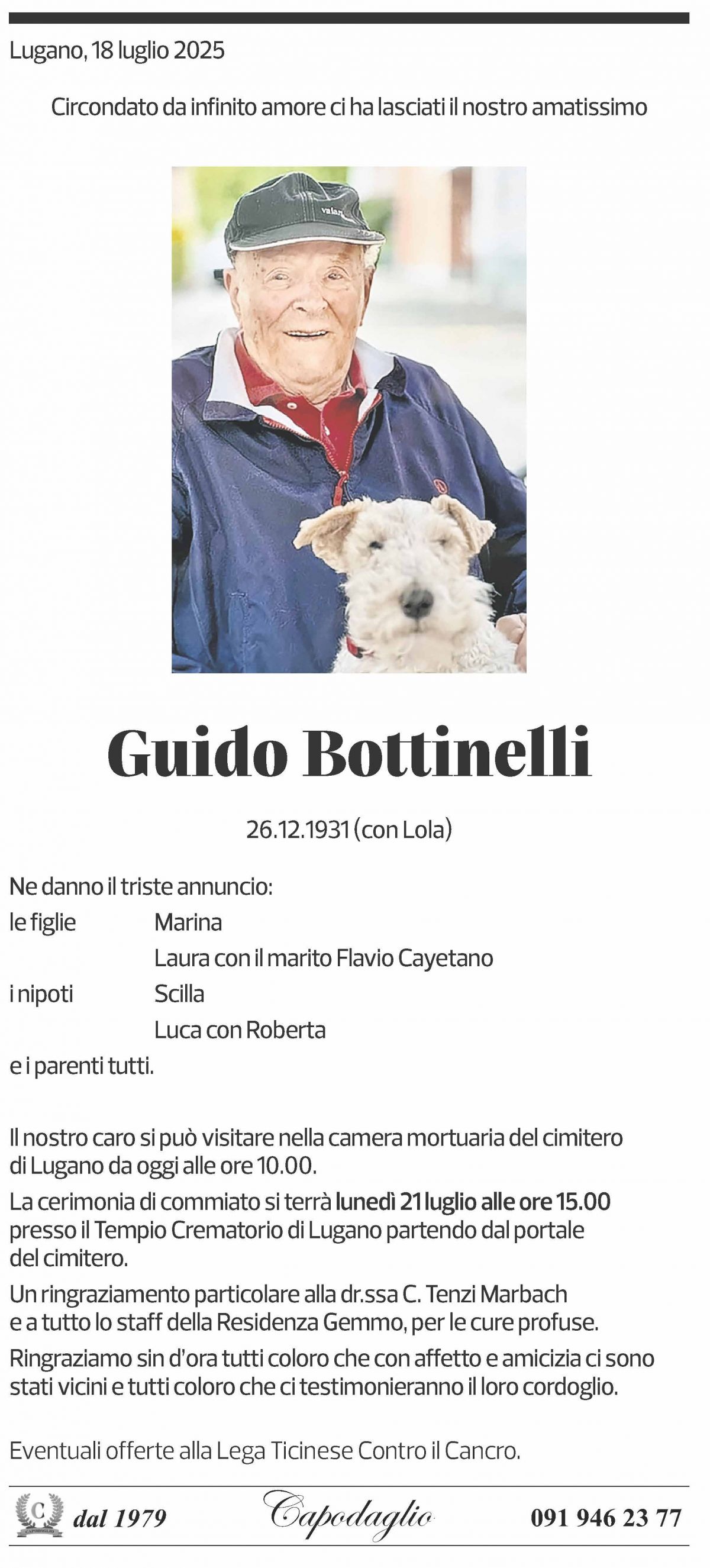 Annuncio funebre Guido Bottinelli